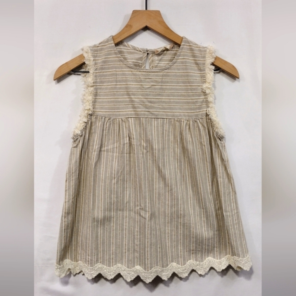Altar'd State Linen Blend Babydoll Top Women's S Tan Gold Metallic Retro 90s Y2K